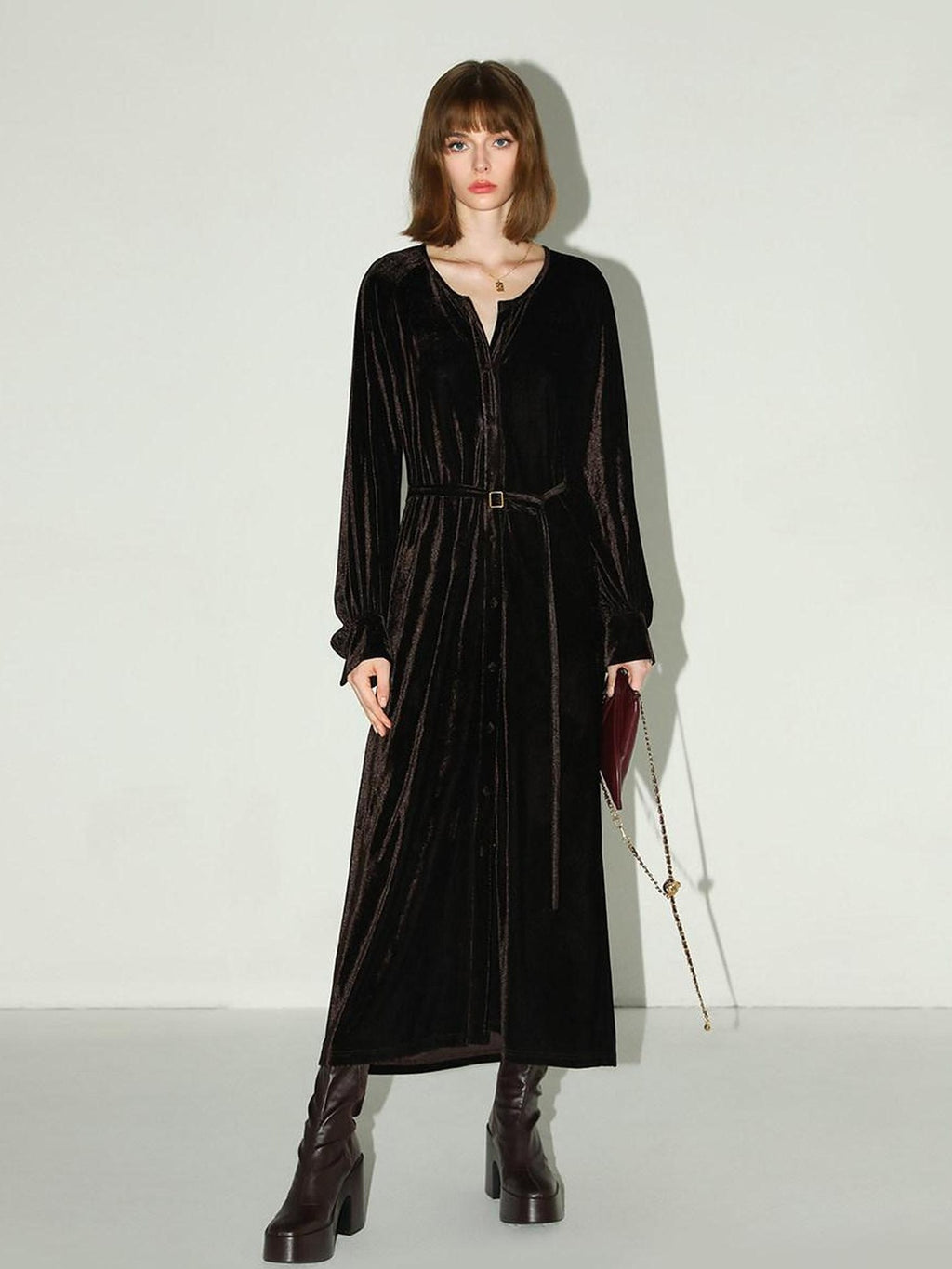 COCOBELLA Elegant Belted Button Lantern Sleeves Round Neck Office Shirtdress Shirts