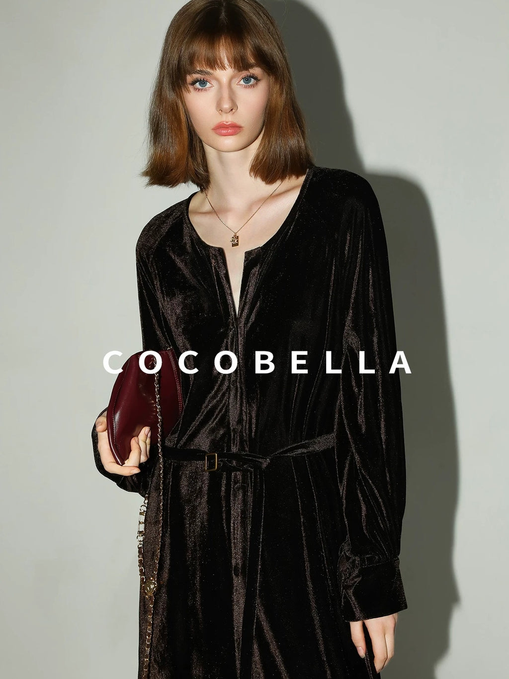 COCOBELLA Elegant Belted Button Lantern Sleeves Round Neck Office Shirtdress Shirts
