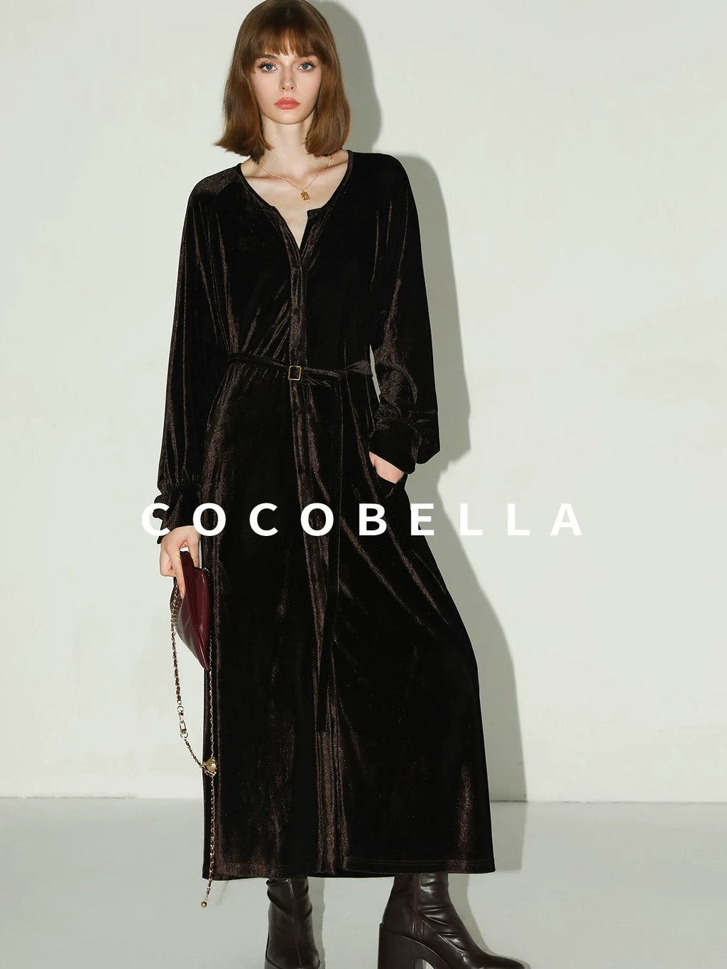 COCOBELLA Elegant Belted Button Lantern Sleeves Round Neck Office Shirtdress Shirts