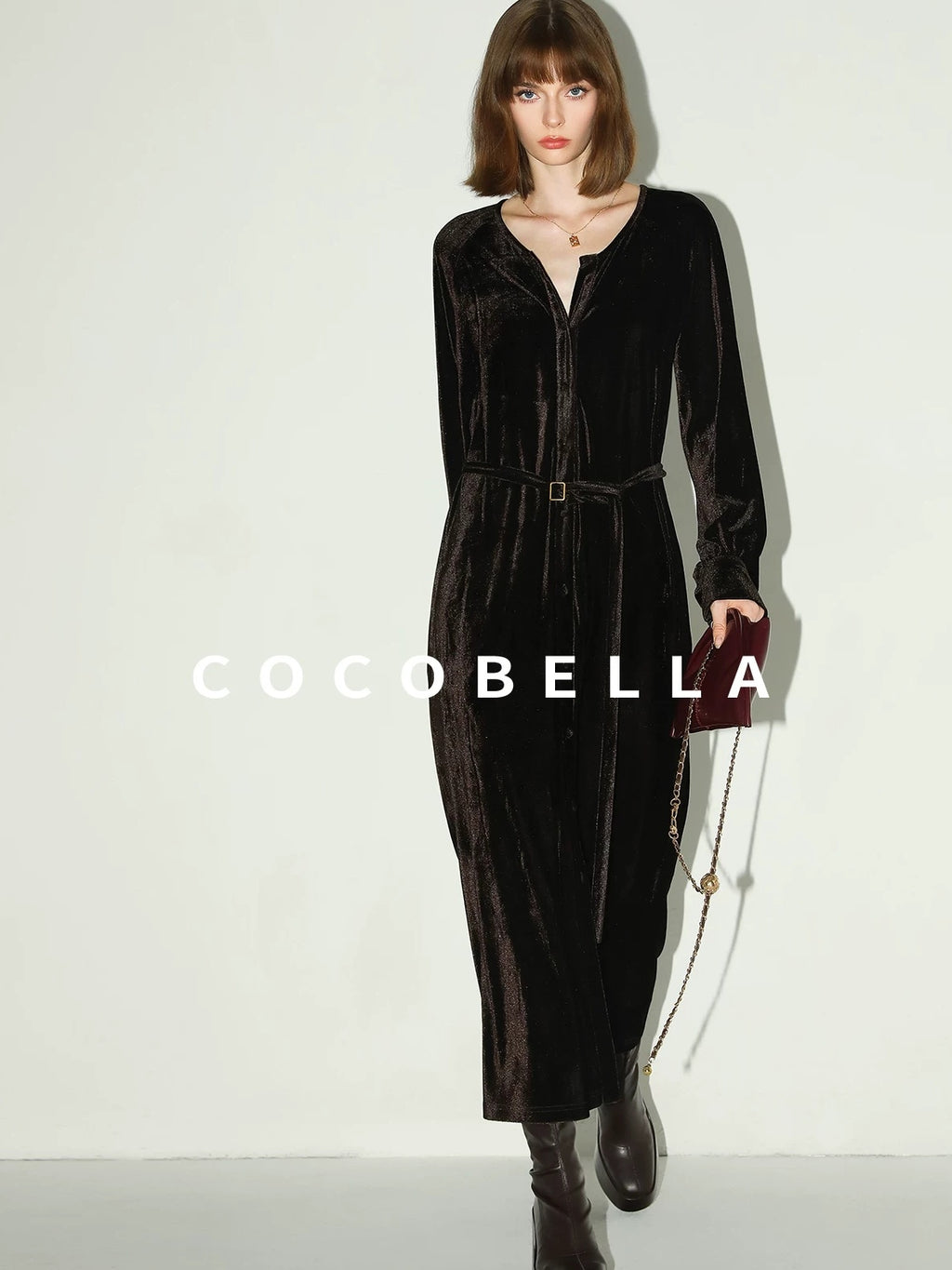 COCOBELLA Elegant Belted Button Lantern Sleeves Round Neck Office Shirtdress Shirts