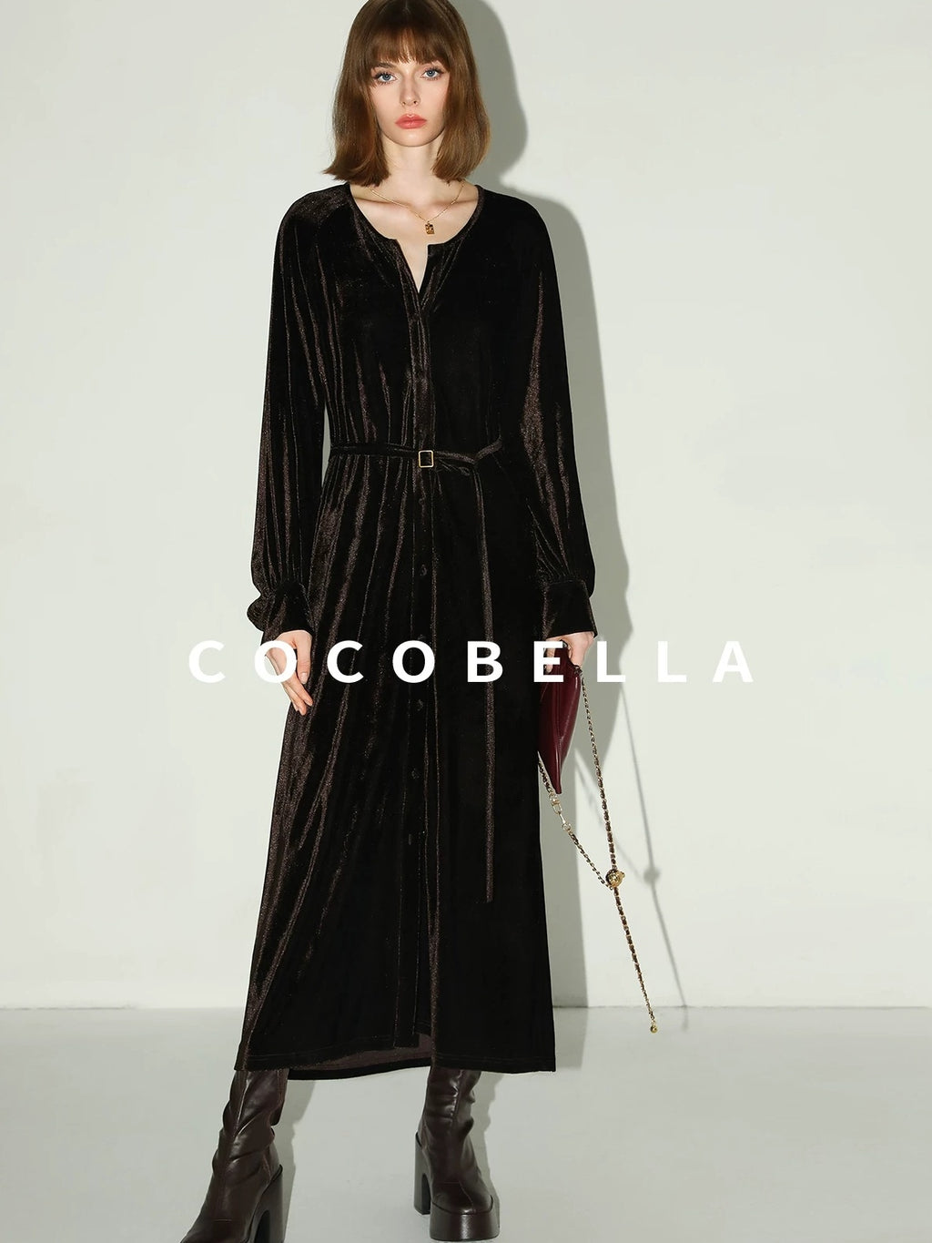 COCOBELLA Elegant Belted Button Lantern Sleeves Round Neck Office Shirtdress Shirts