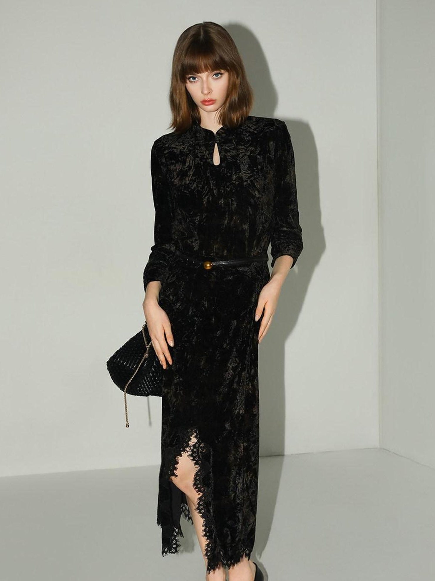 COCOBELLA Elegant Black Gold Lace Patchwork New Chinese Style Slim Mid Waist Midi Skirts