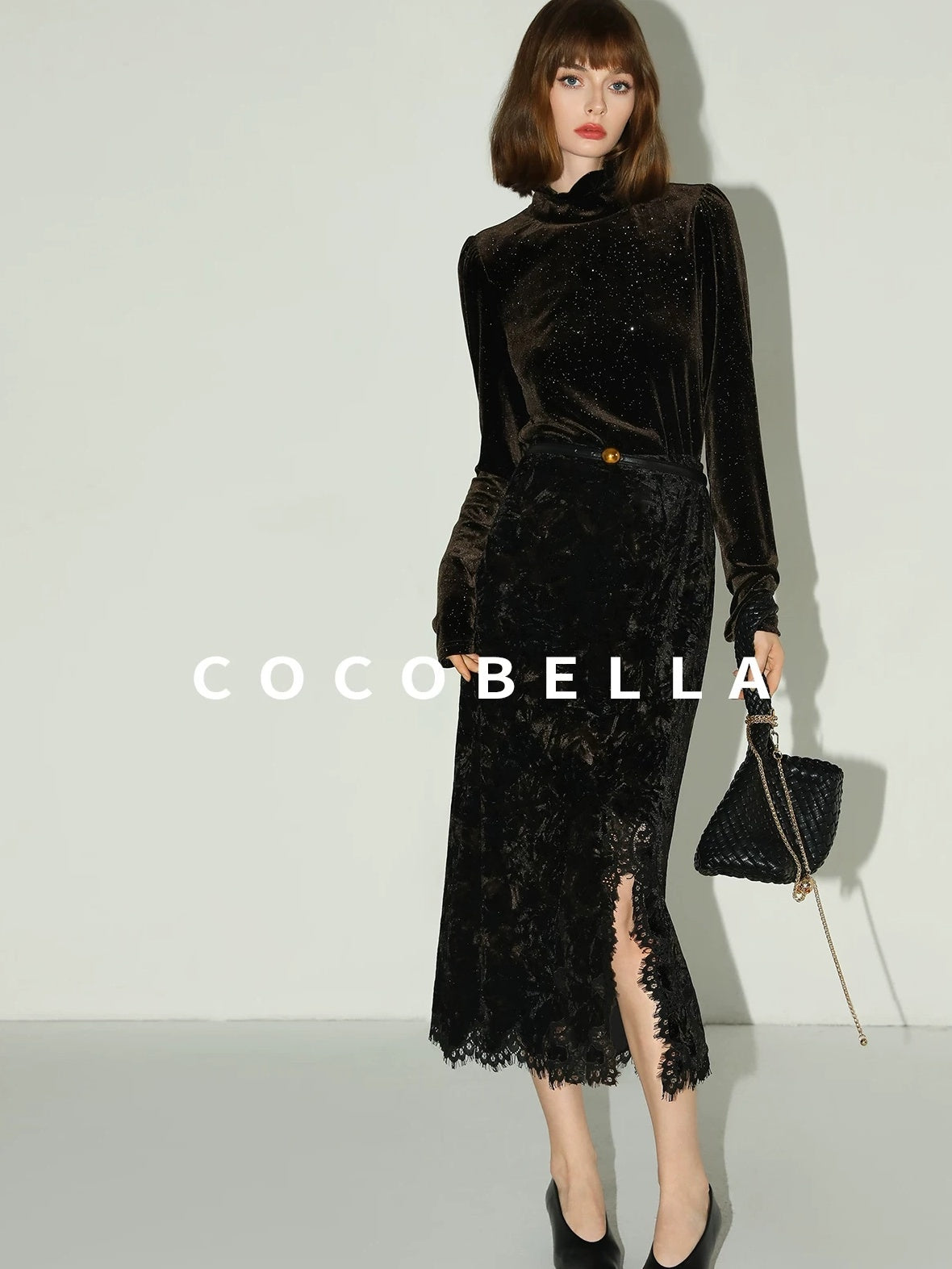 COCOBELLA Elegant Black Gold Lace Patchwork New Chinese Style Slim Mid Waist Midi Skirts