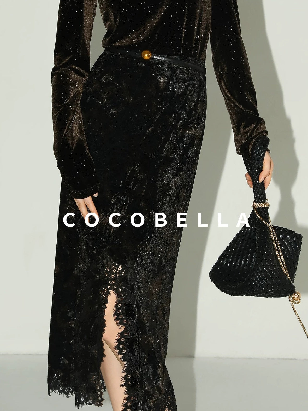 COCOBELLA Elegant Black Gold Lace Patchwork New Chinese Style Slim Mid Waist Midi Skirts