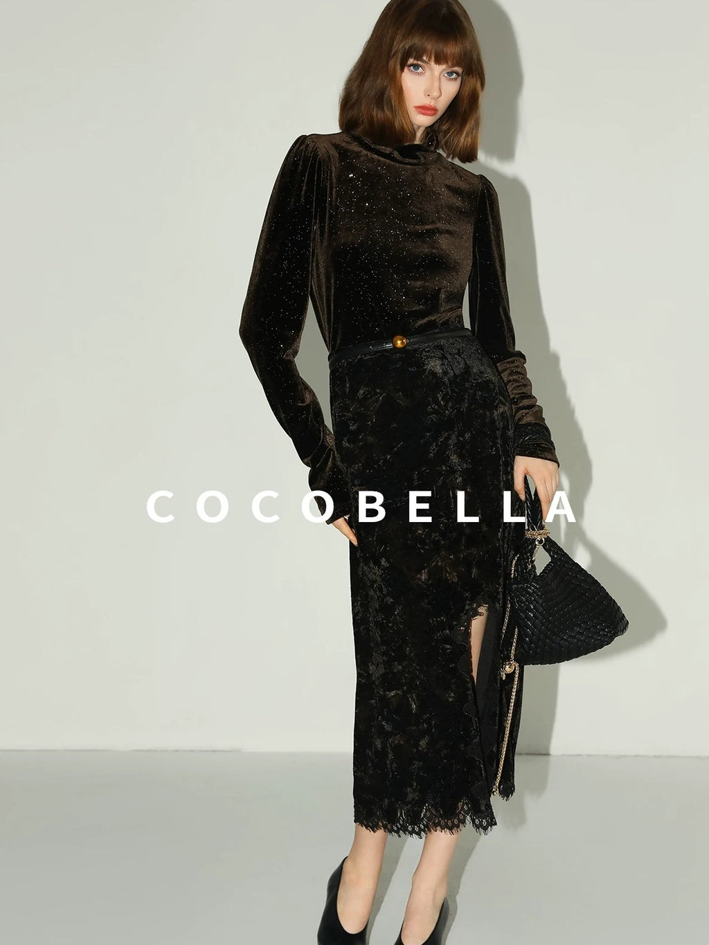 COCOBELLA Elegant Black Gold Lace Patchwork New Chinese Style Slim Mid Waist Midi Skirts