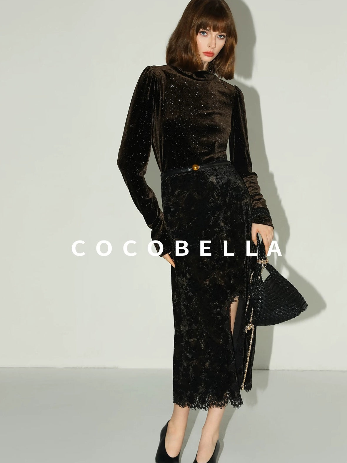COCOBELLA Elegant Black Gold Lace Patchwork New Chinese Style Slim Mid Waist Midi Skirts