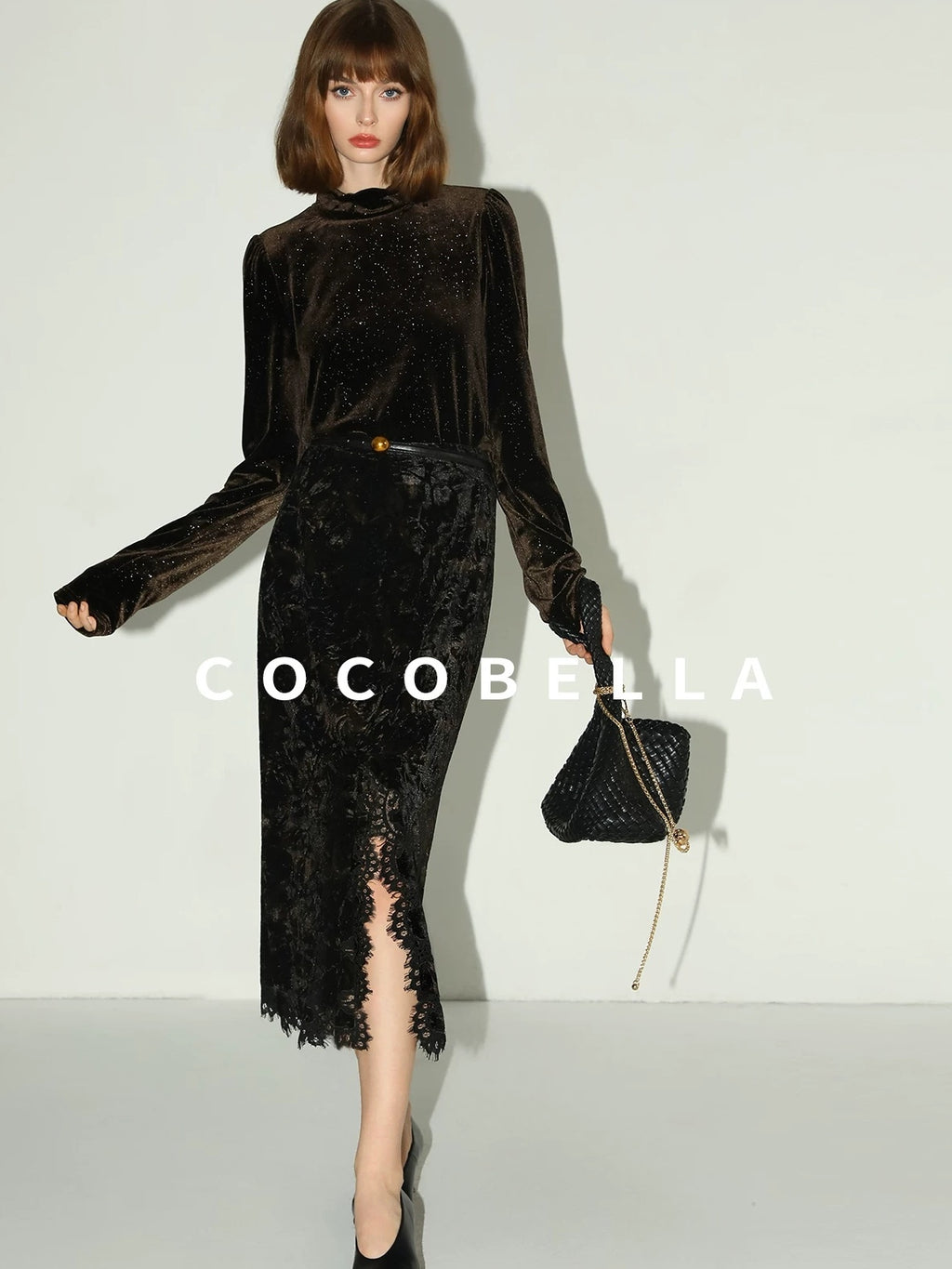 COCOBELLA Elegant Black Gold Lace Patchwork New Chinese Style Slim Mid Waist Midi Skirts