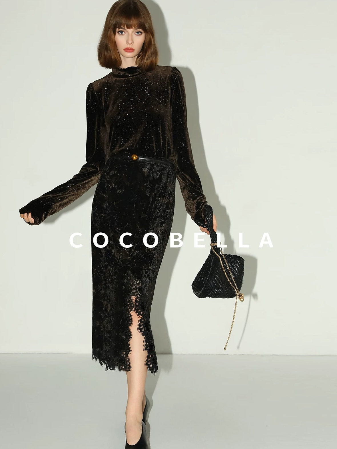 COCOBELLA Elegant Black Gold Lace Patchwork New Chinese Style Slim Mid Waist Midi Skirts