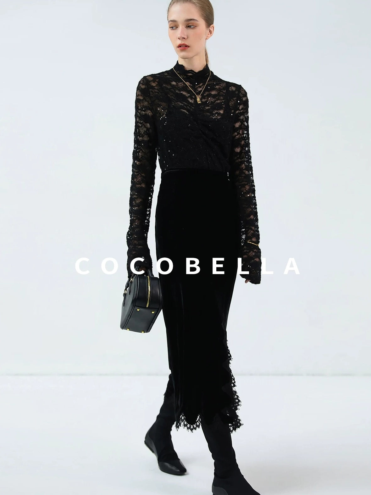 COCOBELLA Elegant Black Gold Lace Patchwork New Chinese Style Slim Mid Waist Midi Skirts