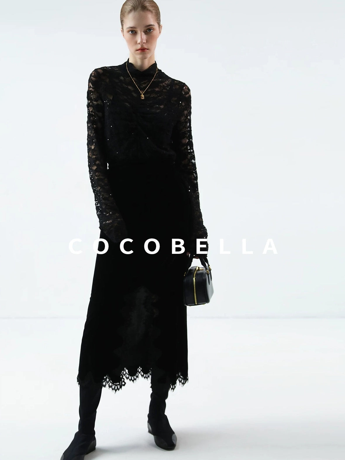 COCOBELLA Elegant Black Gold Lace Patchwork New Chinese Style Slim Mid Waist Midi Skirts