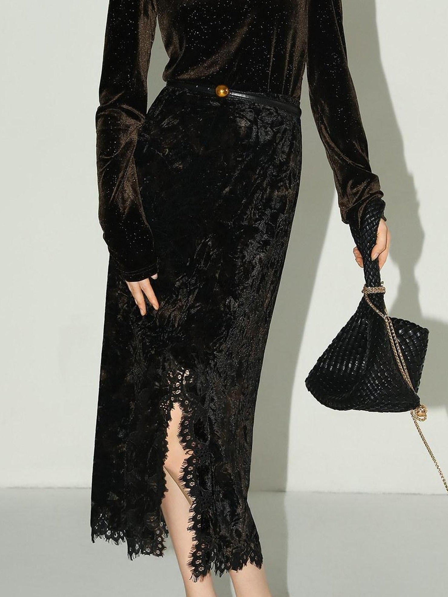 COCOBELLA Elegant Black Gold Lace Patchwork New Chinese Style Slim Mid Waist Midi Skirts