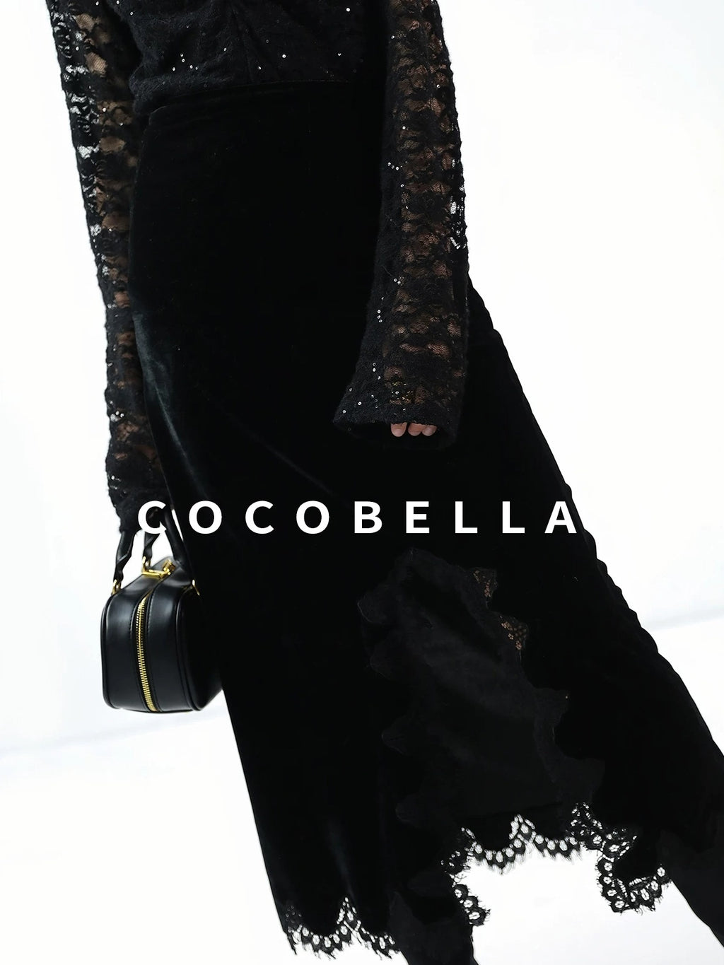 COCOBELLA Elegant Black Gold Lace Patchwork New Chinese Style Slim Mid Waist Midi Skirts