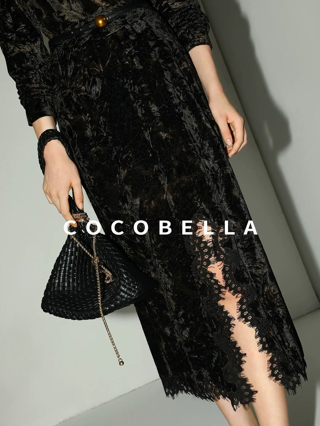 COCOBELLA Elegant Black Gold Lace Patchwork New Chinese Style Slim Mid Waist Midi Skirts