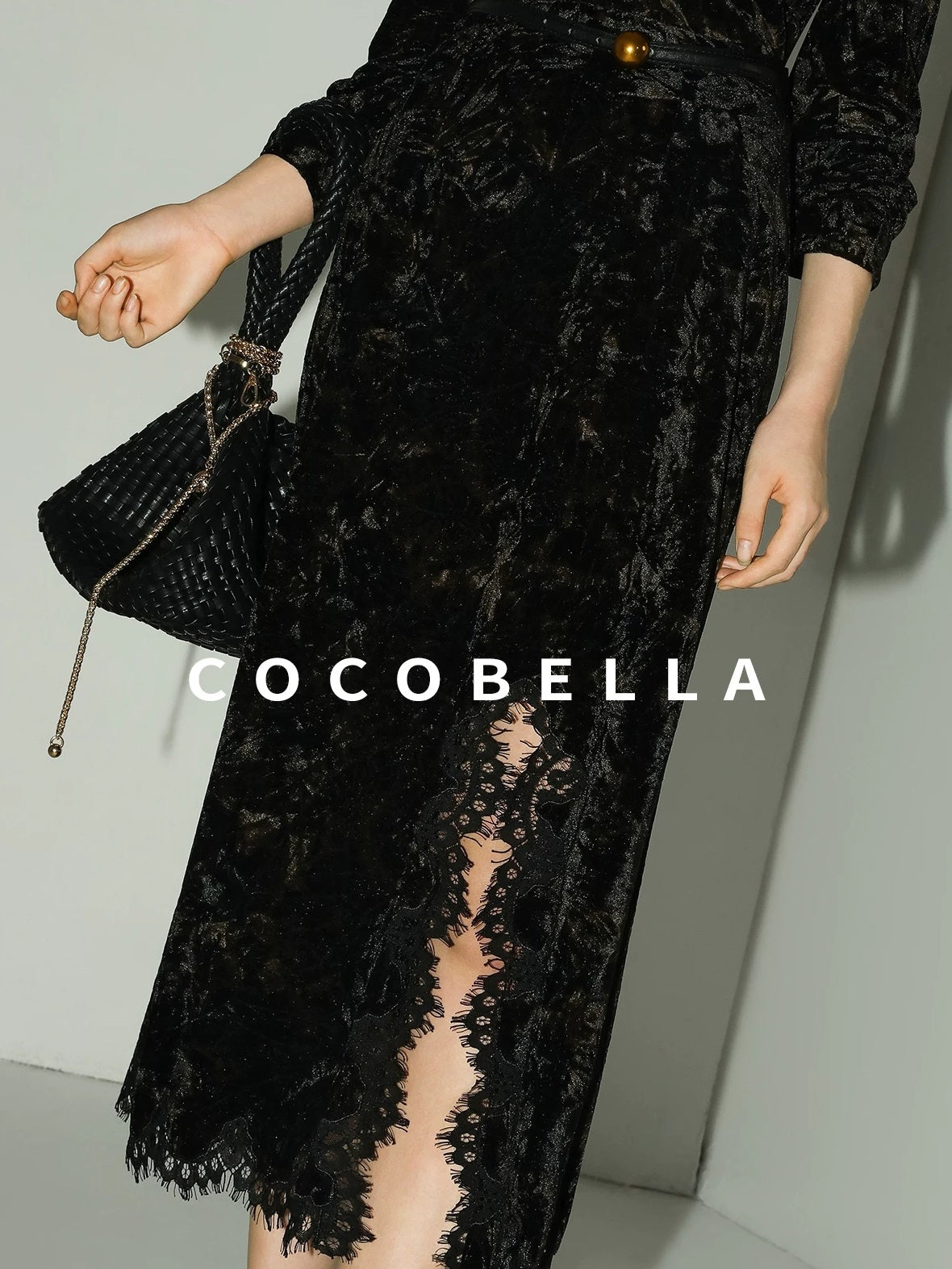 COCOBELLA Elegant Black Gold Lace Patchwork New Chinese Style Slim Mid Waist Midi Skirts
