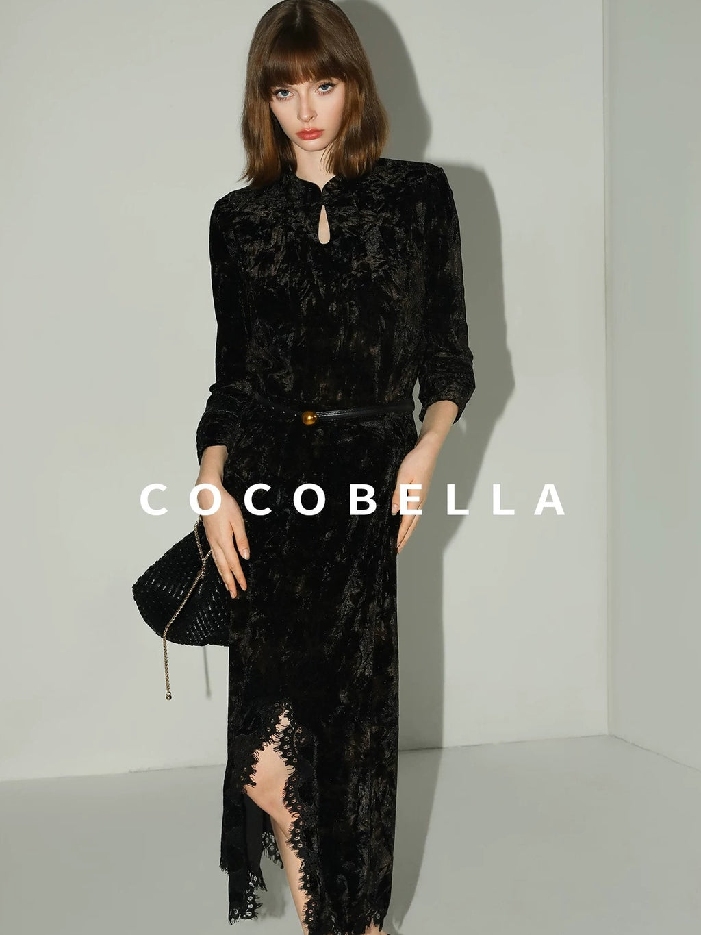 COCOBELLA Elegant Black Gold Lace Patchwork New Chinese Style Slim Mid Waist Midi Skirts