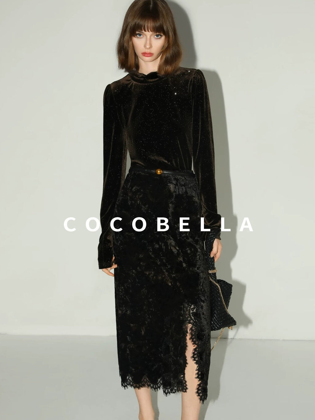 COCOBELLA Elegant Black Gold Lace Patchwork New Chinese Style Slim Mid Waist Midi Skirts