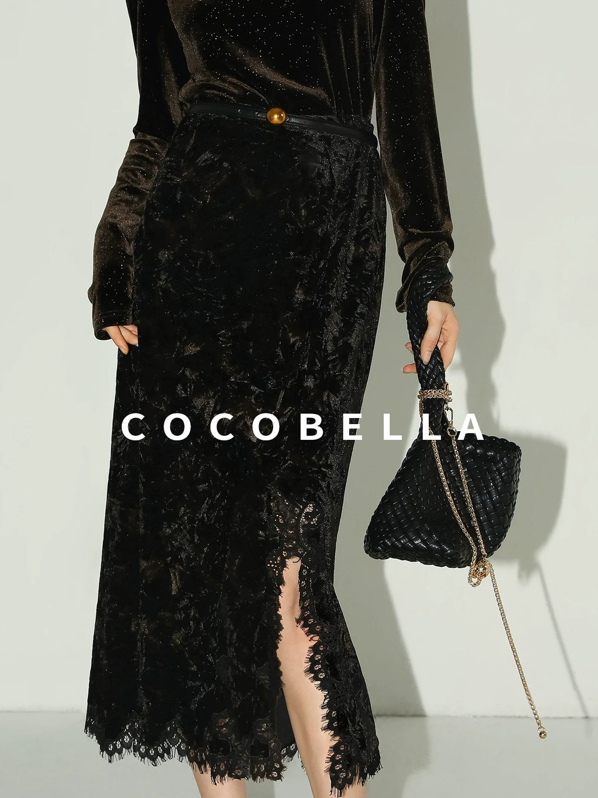 COCOBELLA Elegant Black Gold Lace Patchwork New Chinese Style Slim Mid Waist Midi Skirts
