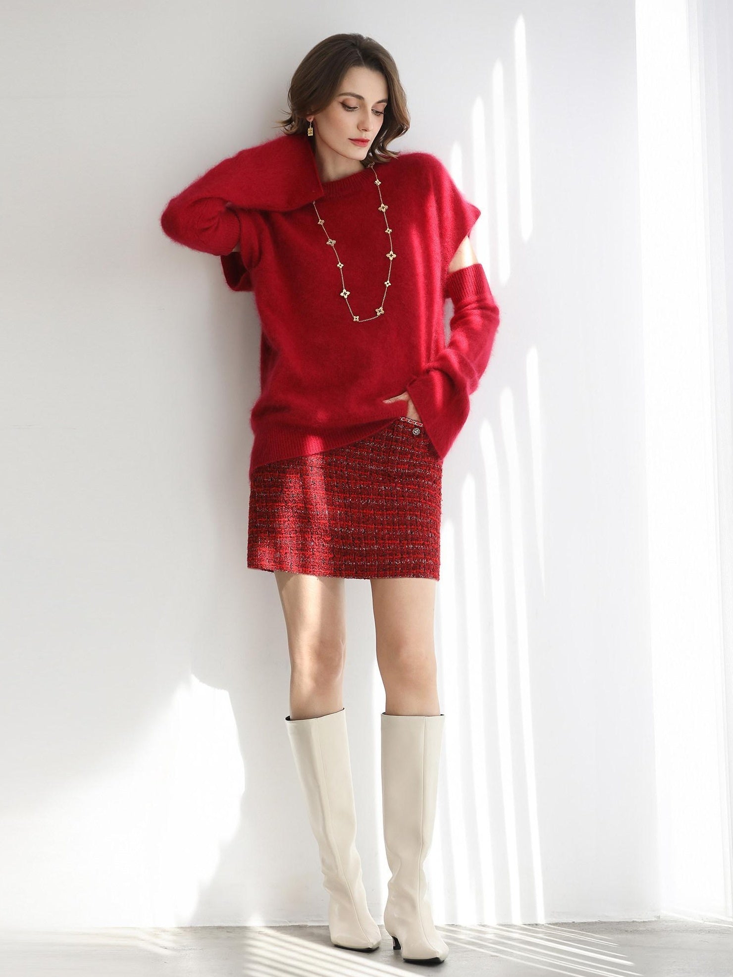 COCOBELLA Elegant Button Chain Pocket Mid Waist Pencil Short Women Polyester Skirts