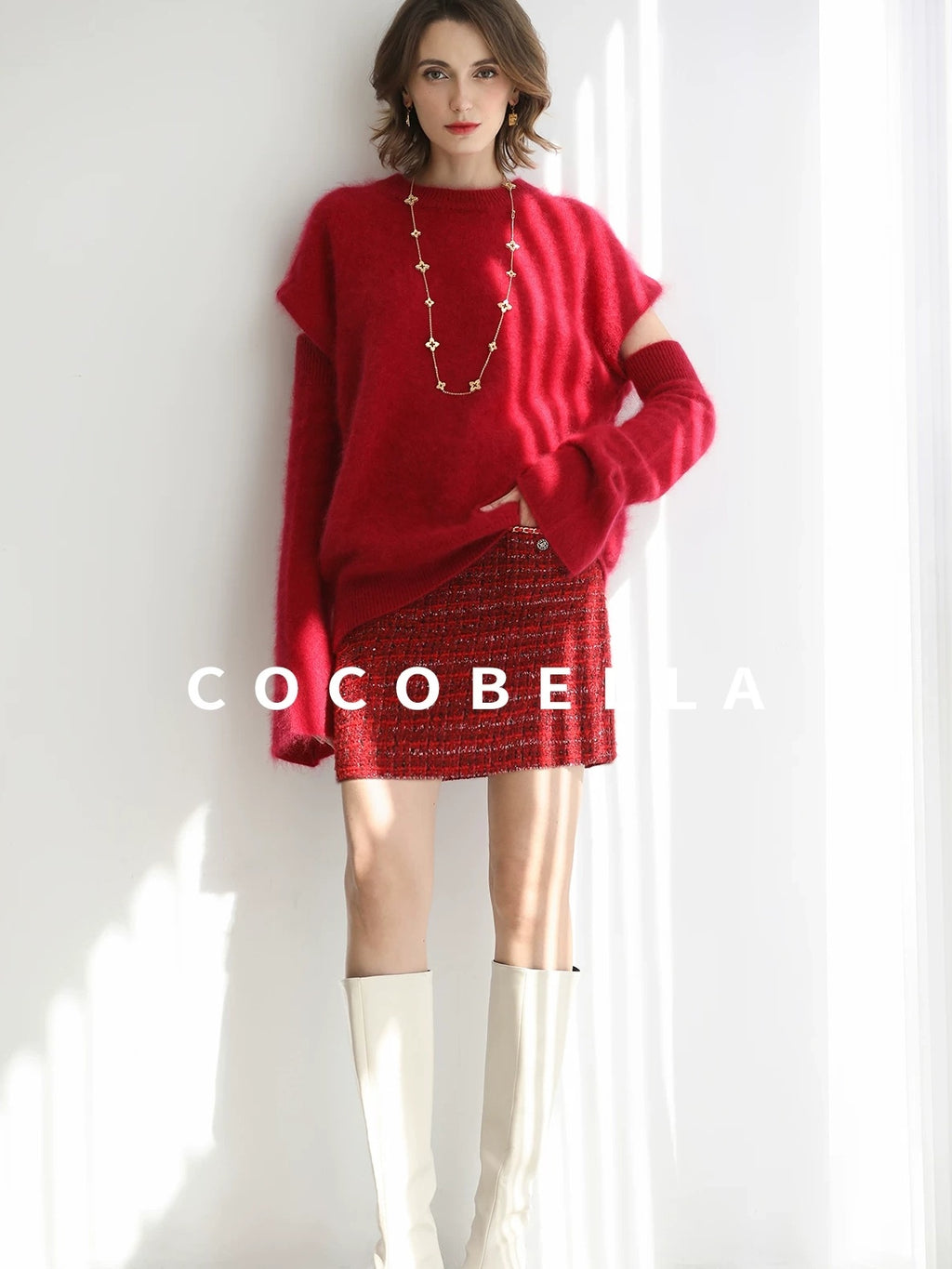 COCOBELLA Elegant Button Chain Pocket Mid Waist Pencil Short Women Polyester Skirts
