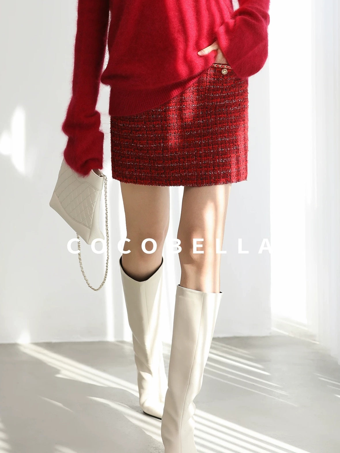COCOBELLA Elegant Button Chain Pocket Mid Waist Pencil Short Women Polyester Skirts