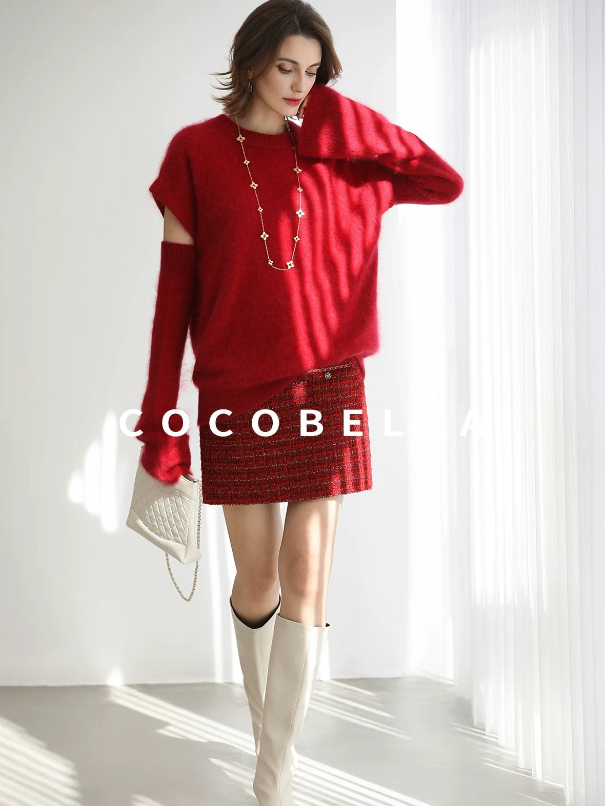 COCOBELLA Elegant Button Chain Pocket Mid Waist Pencil Short Women Polyester Skirts