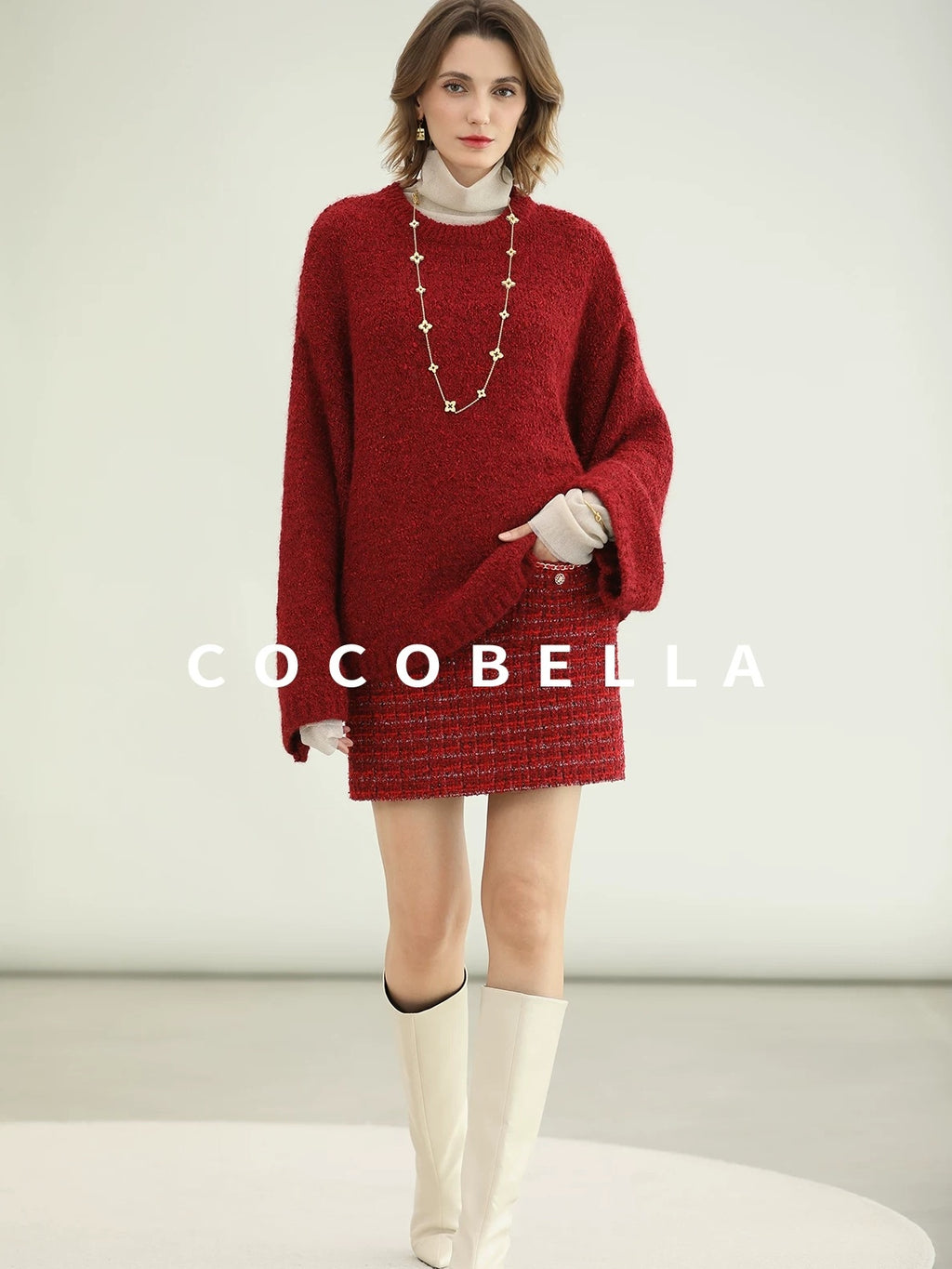 COCOBELLA Elegant Button Chain Pocket Mid Waist Pencil Short Women Polyester Skirts