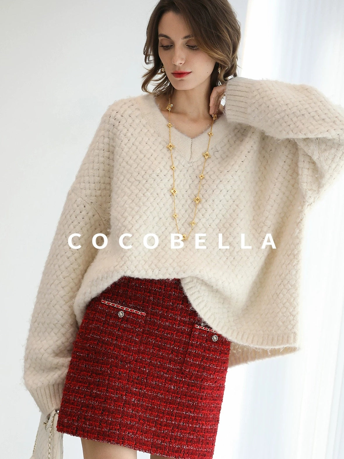 COCOBELLA Elegant Button Chain Pocket Mid Waist Pencil Short Women Polyester Skirts