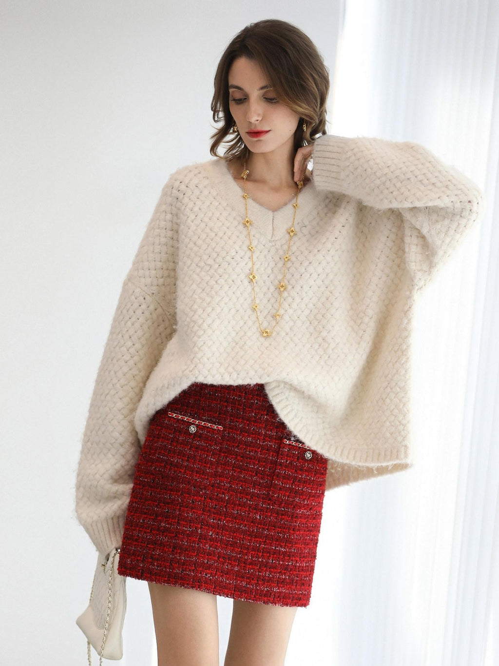 COCOBELLA Elegant Button Chain Pocket Mid Waist Pencil Short Women Polyester Skirts