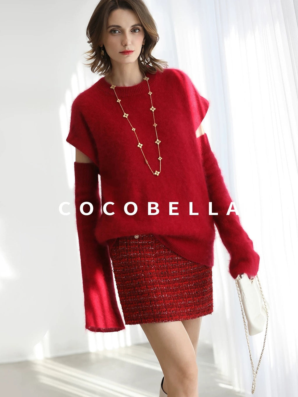 COCOBELLA Elegant Button Chain Pocket Mid Waist Pencil Short Women Polyester Skirts