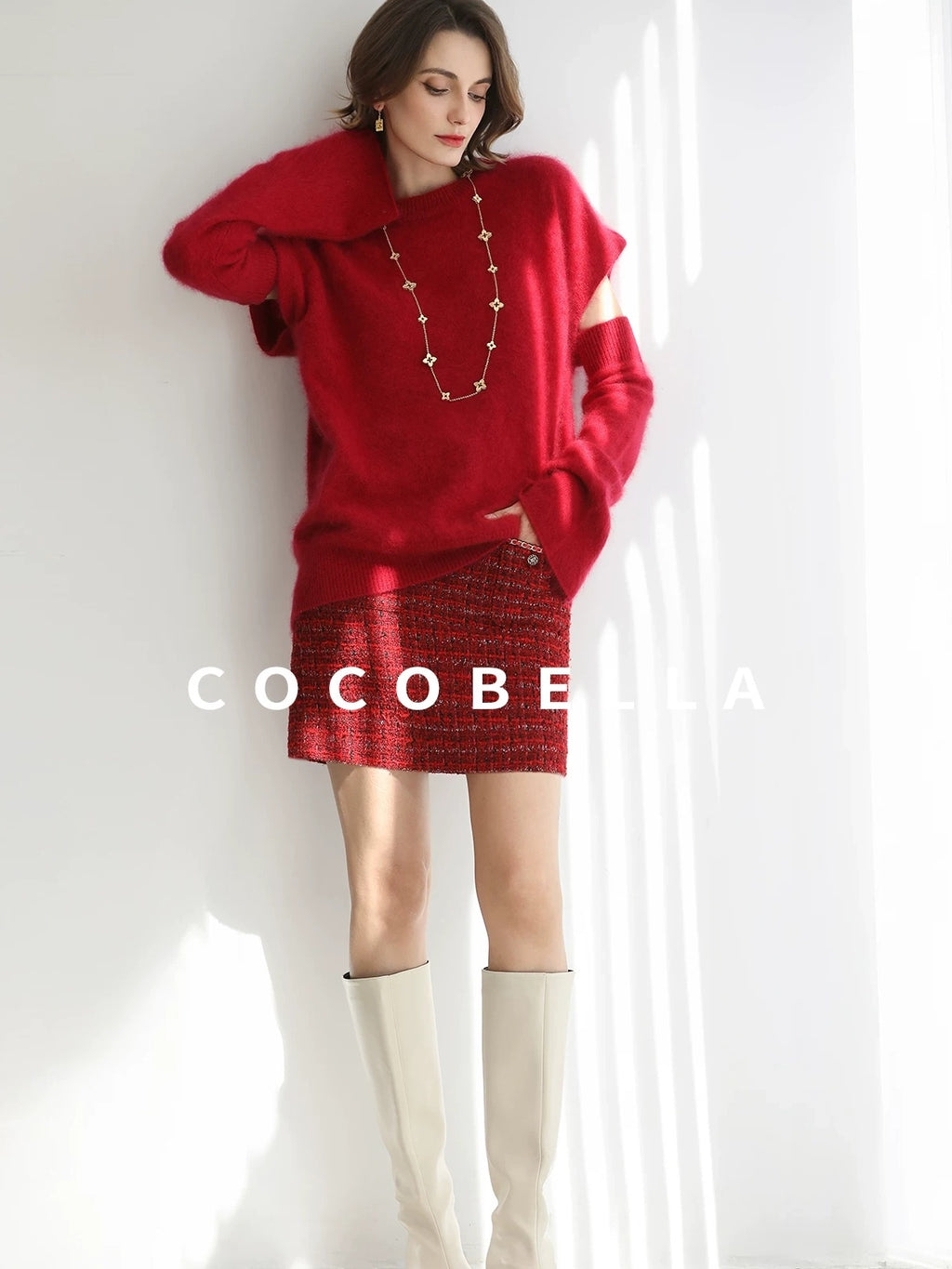 COCOBELLA Elegant Button Chain Pocket Mid Waist Pencil Short Women Polyester Skirts