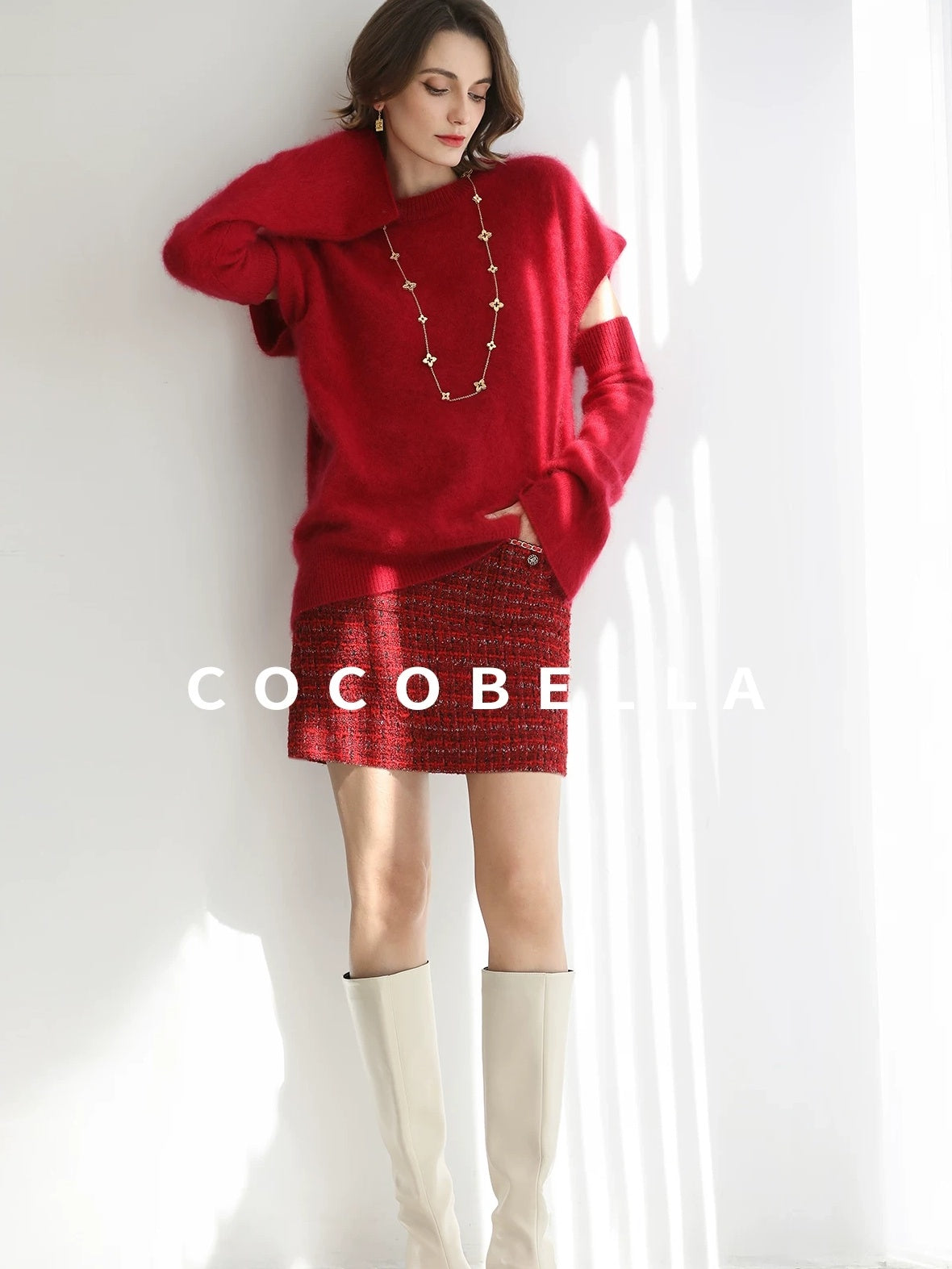 COCOBELLA Elegant Button Chain Pocket Mid Waist Pencil Short Women Polyester Skirts