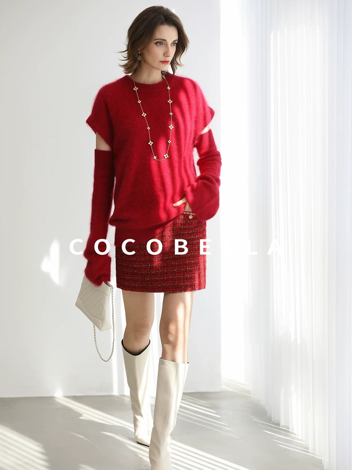 COCOBELLA Elegant Button Chain Pocket Mid Waist Pencil Short Women Polyester Skirts