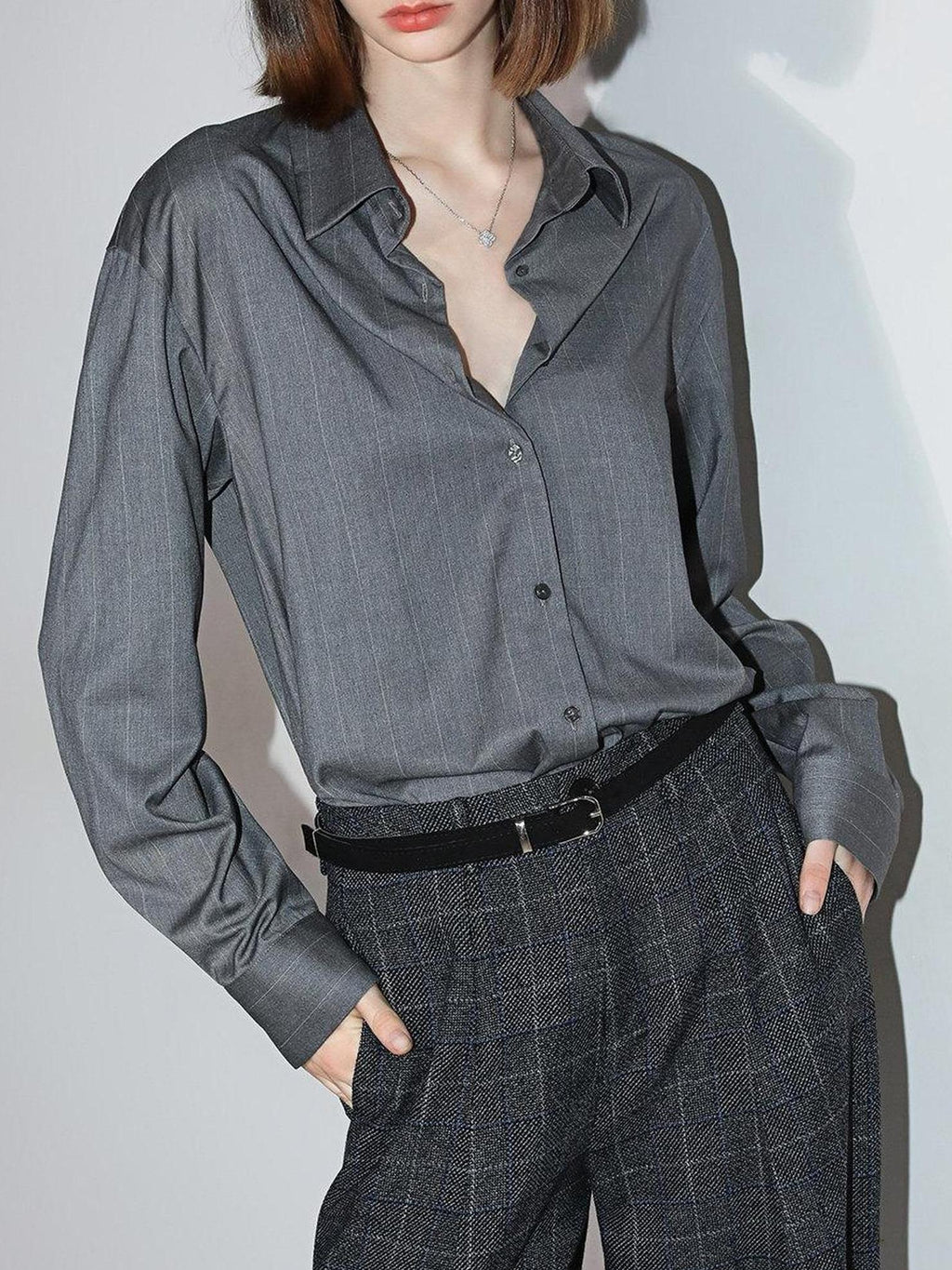 COCOBELLA Elegant Button Stripe Topstitch Long Sleeve Straight Office Women Shirts