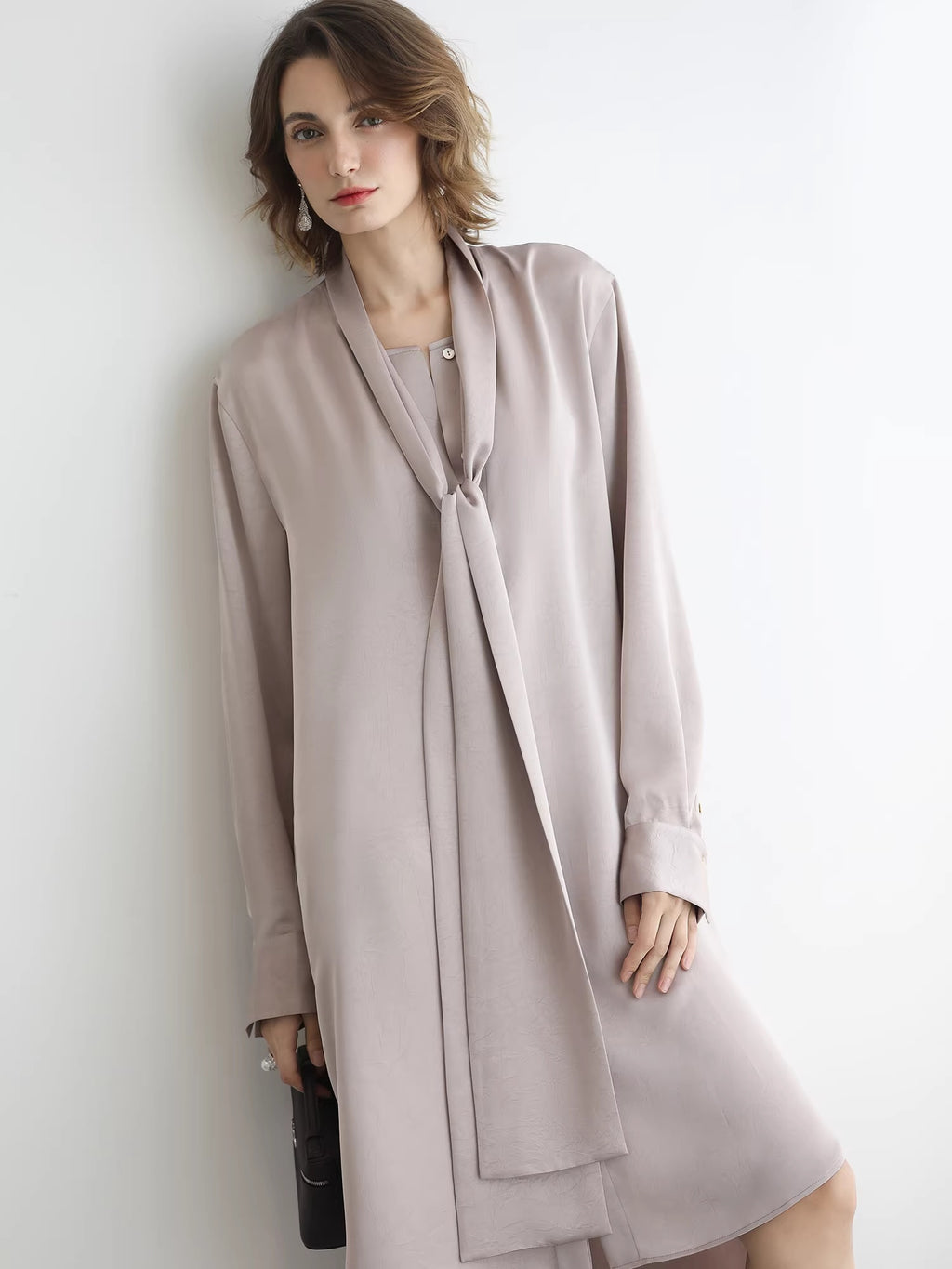 COCOBELLA_Elegant_Button_Tie_Neck_Relaxed_H_Shape_Long_Sleeve_Shirt_City_Commute_Dresses_MISSTT