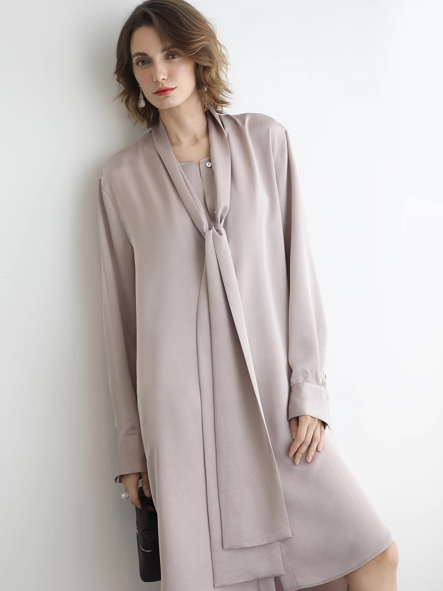 COCOBELLA_Elegant_Button_Tie_Neck_Relaxed_H_Shape_Long_Sleeve_Shirt_City_Commute_Dresses_MISSTT