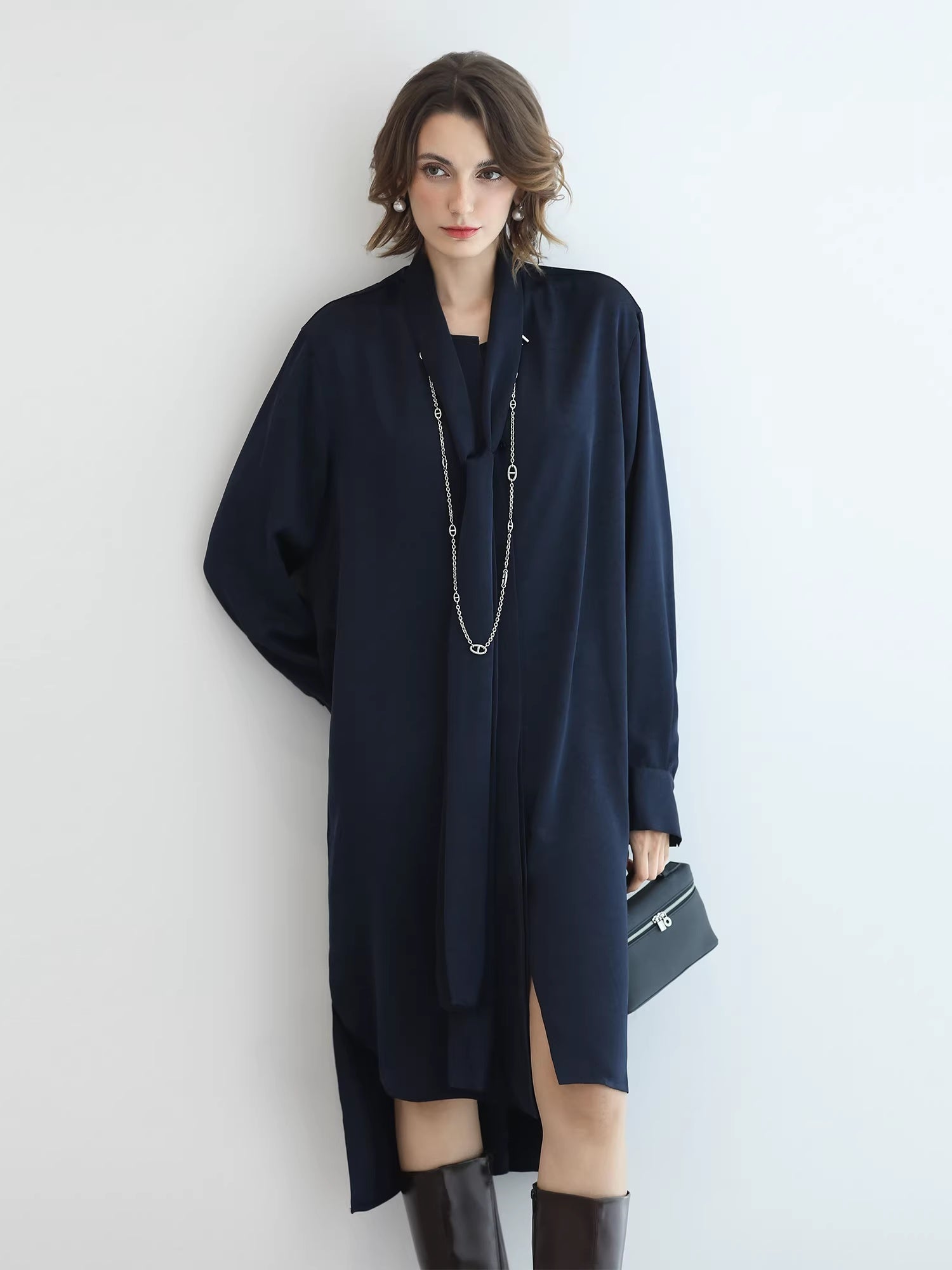 COCOBELLA_Elegant_Button_Tie_Neck_Relaxed_H_Shape_Long_Sleeve_Shirt_City_Commute_Dresses_MISSTT