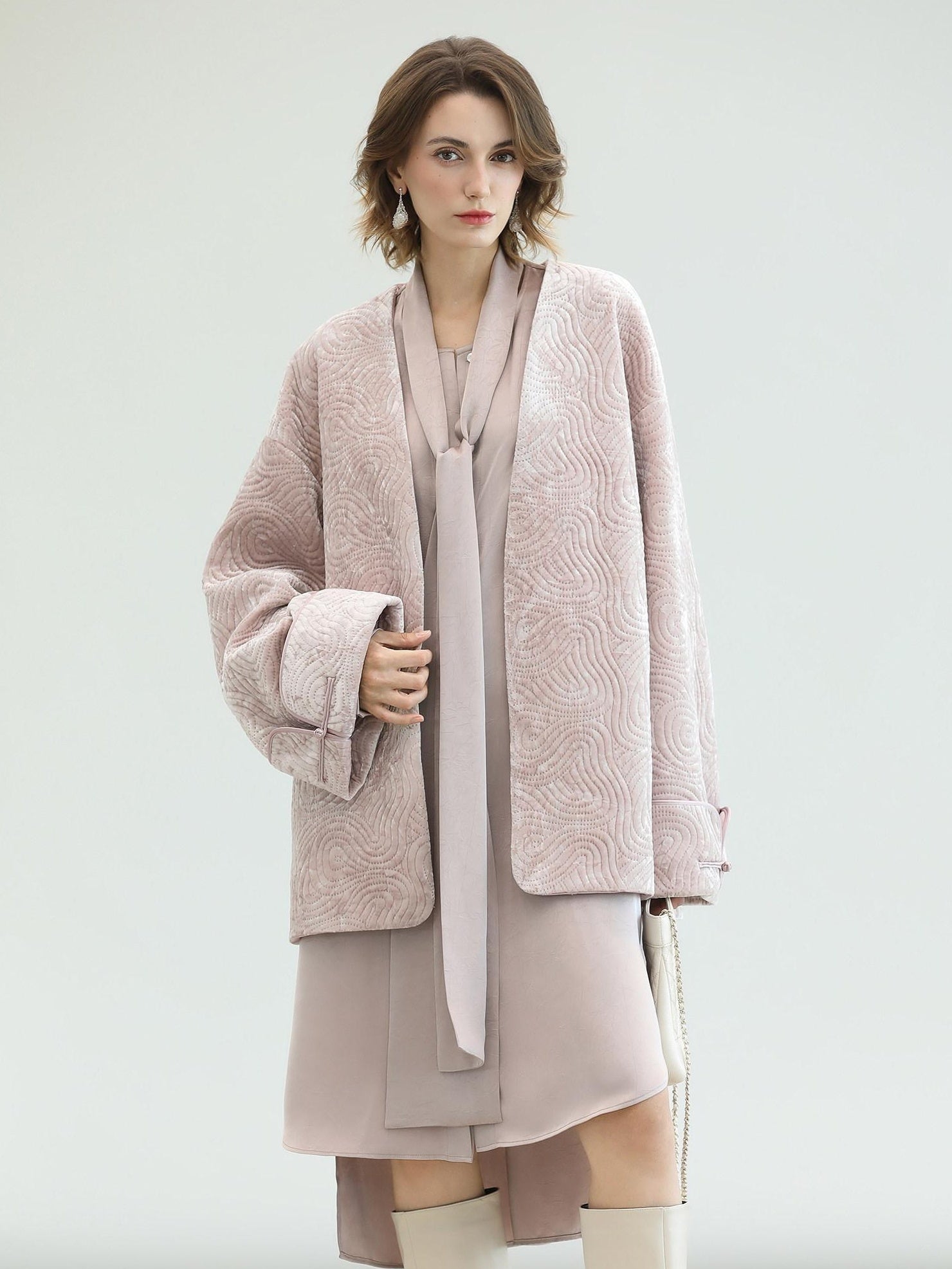 COCOBELLA Elegant Button Tie Neck Relaxed H Shape Long Sleeve Shirt City Commute Dresses