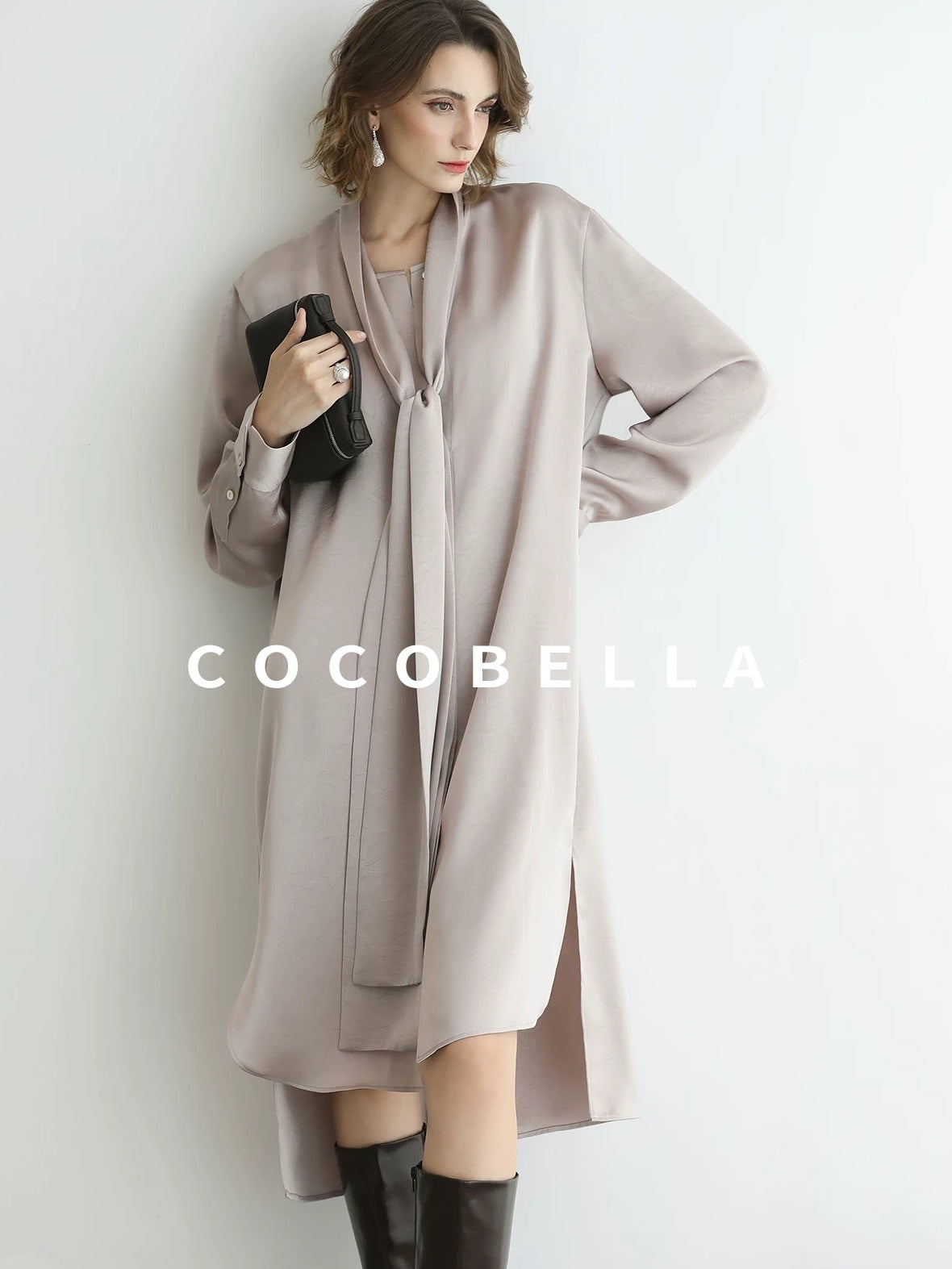 COCOBELLA Elegant Button Tie Neck Relaxed H Shape Long Sleeve Shirt City Commute Dresses