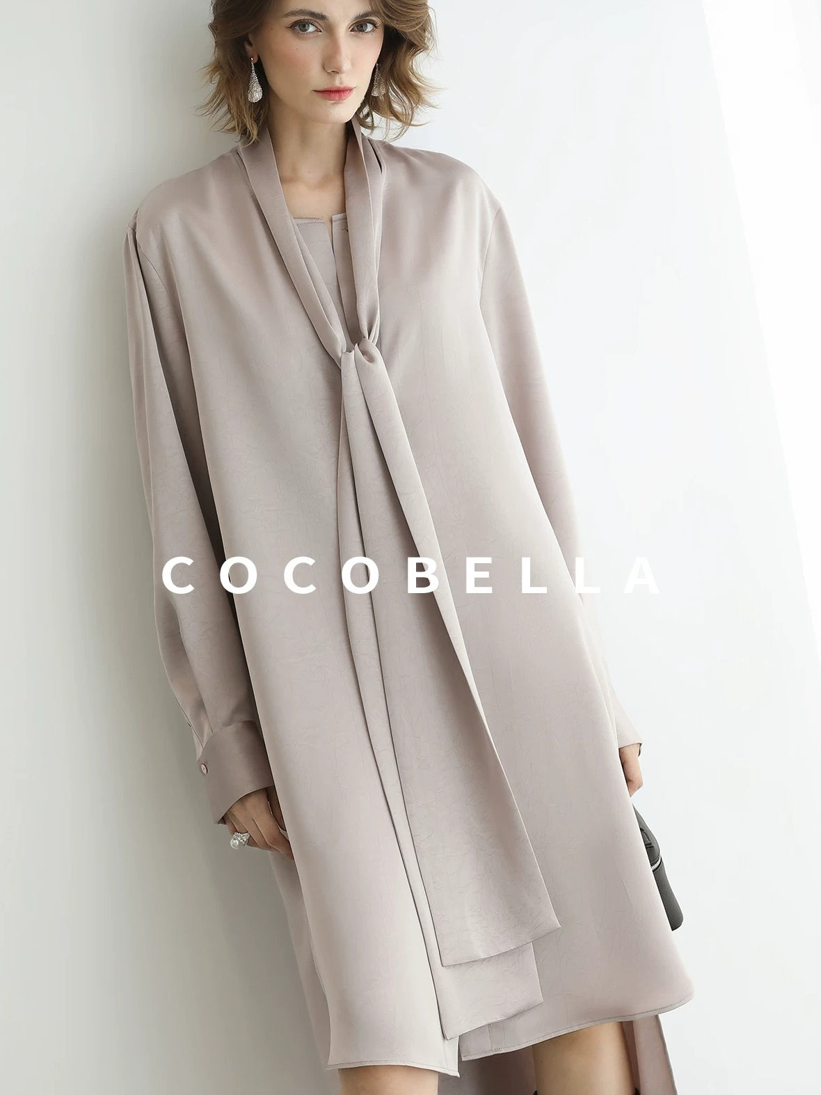 COCOBELLA Elegant Button Tie Neck Relaxed H Shape Long Sleeve Shirt City Commute Dresses