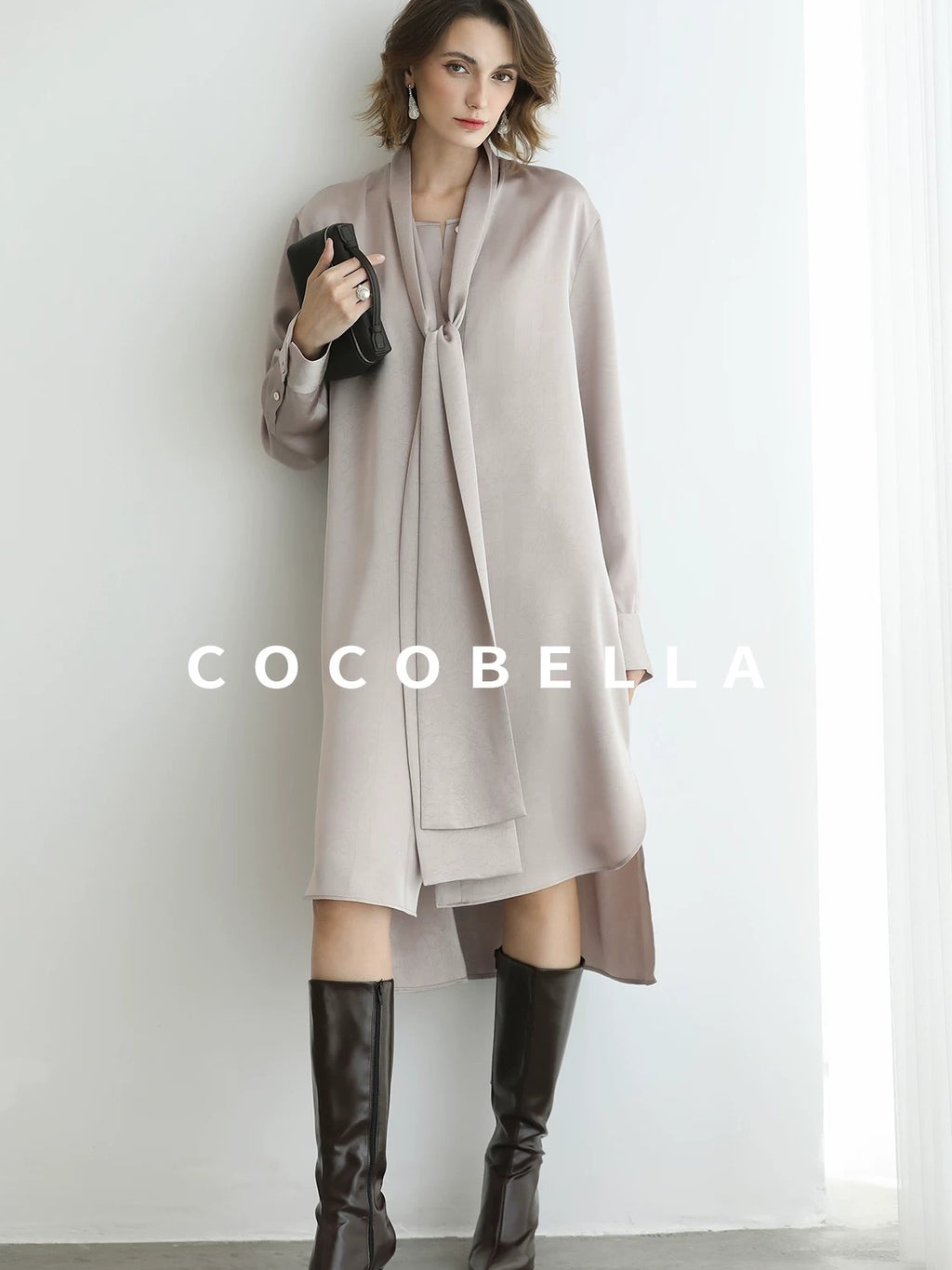 COCOBELLA Elegant Button Tie Neck Relaxed H Shape Long Sleeve Shirt City Commute Dresses