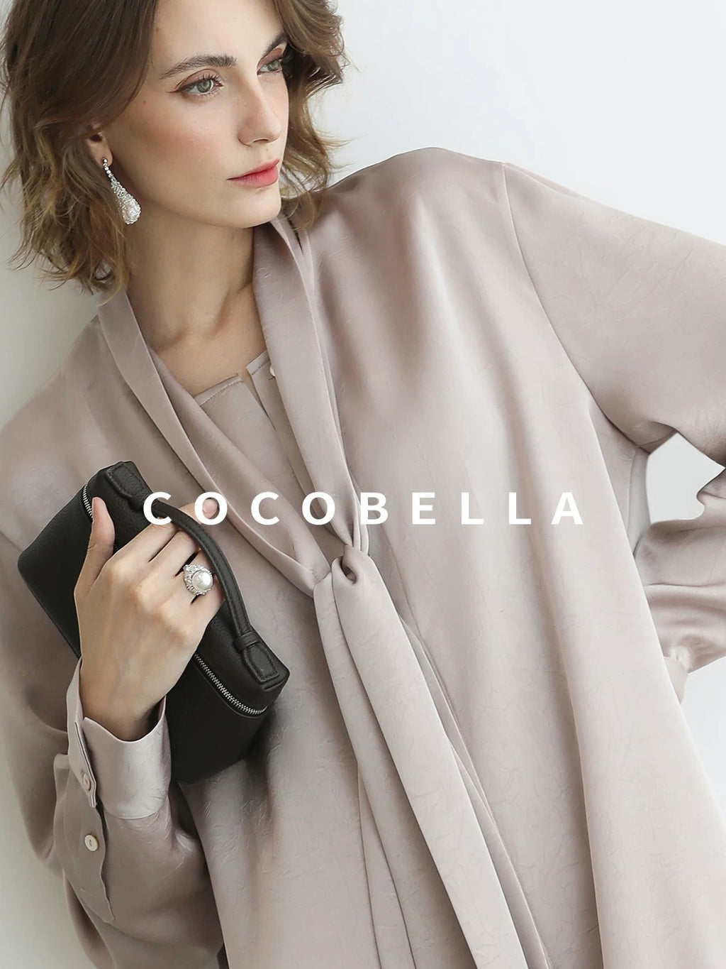 COCOBELLA Elegant Button Tie Neck Relaxed H Shape Long Sleeve Shirt City Commute Dresses