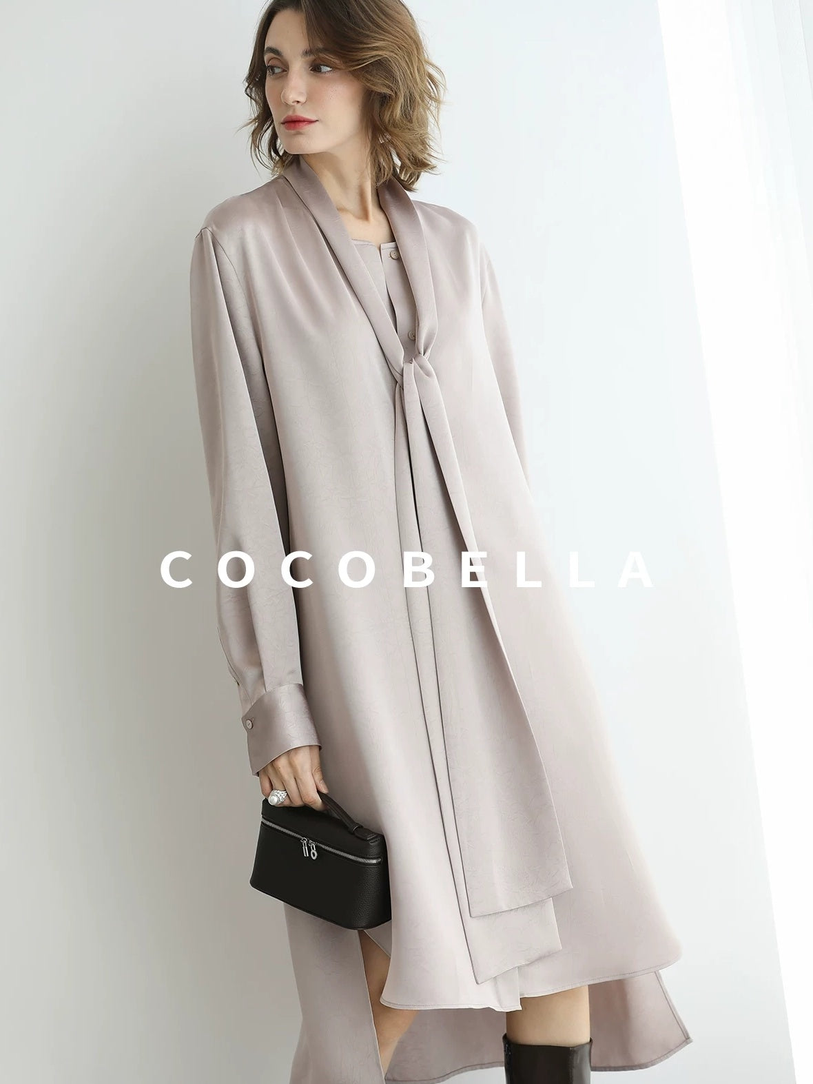 COCOBELLA Elegant Button Tie Neck Relaxed H Shape Long Sleeve Shirt City Commute Dresses