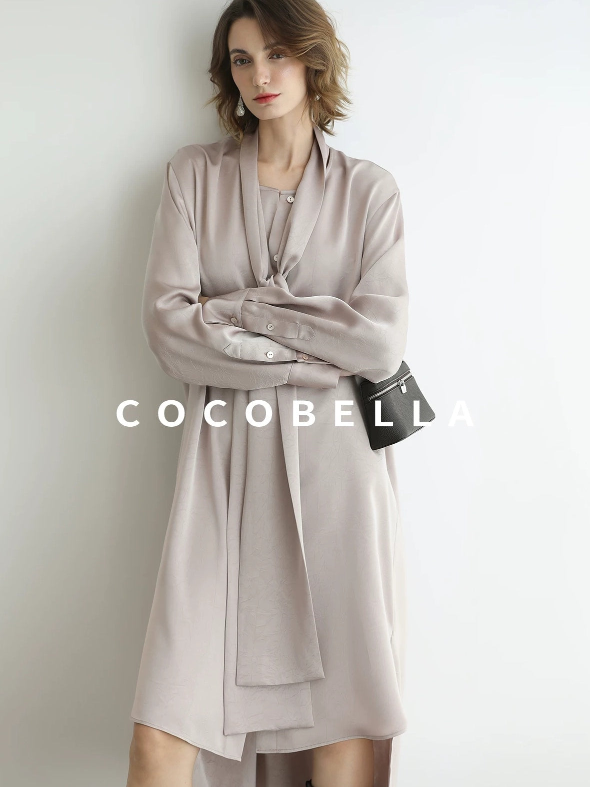 COCOBELLA Elegant Button Tie Neck Relaxed H Shape Long Sleeve Shirt City Commute Dresses