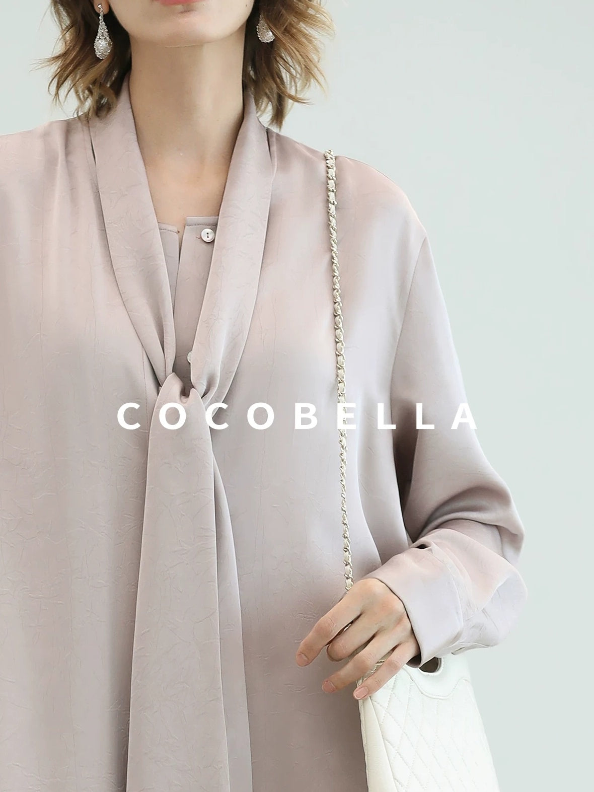 COCOBELLA Elegant Button Tie Neck Relaxed H Shape Long Sleeve Shirt City Commute Dresses