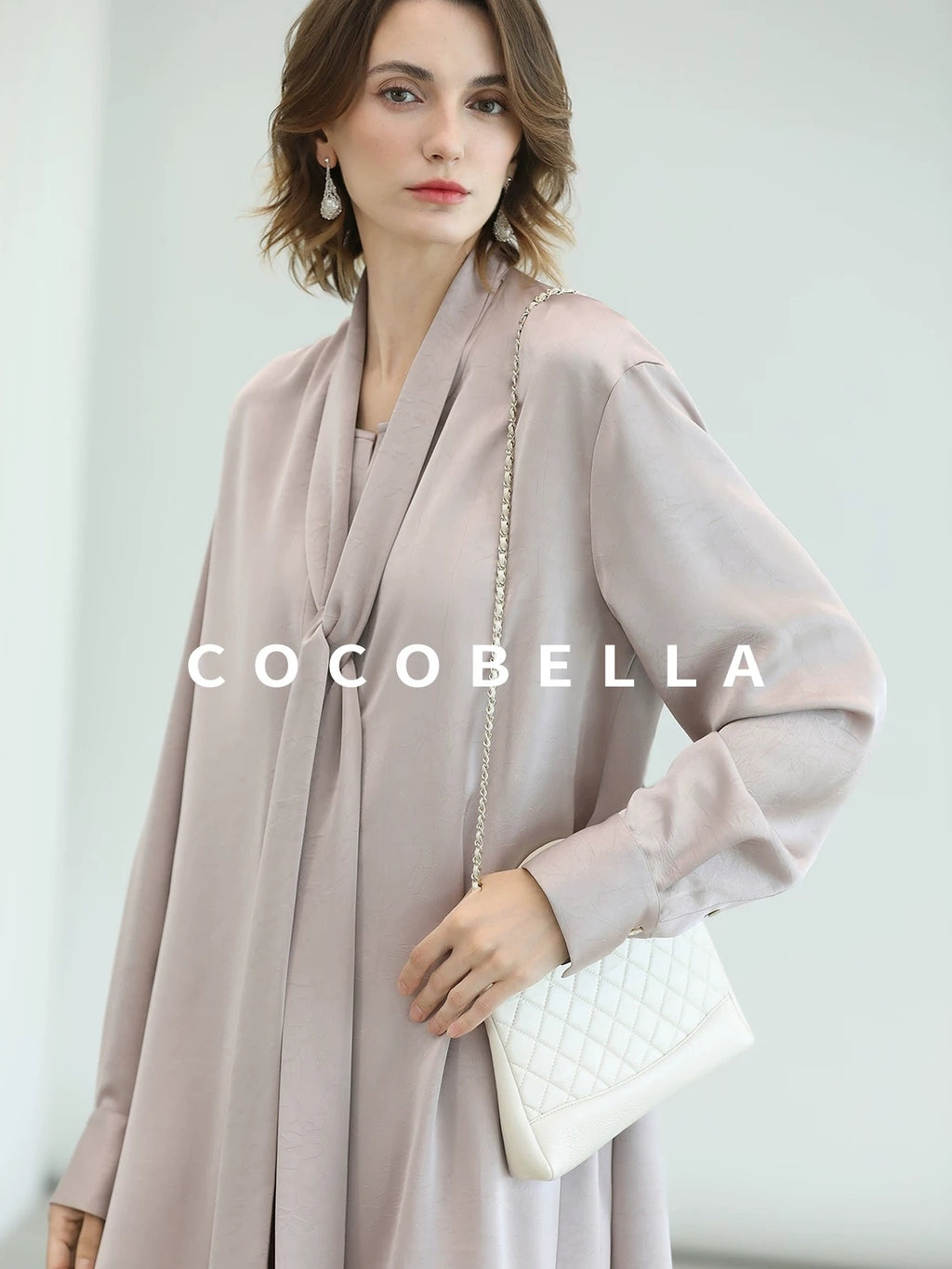 COCOBELLA Elegant Button Tie Neck Relaxed H Shape Long Sleeve Shirt City Commute Dresses