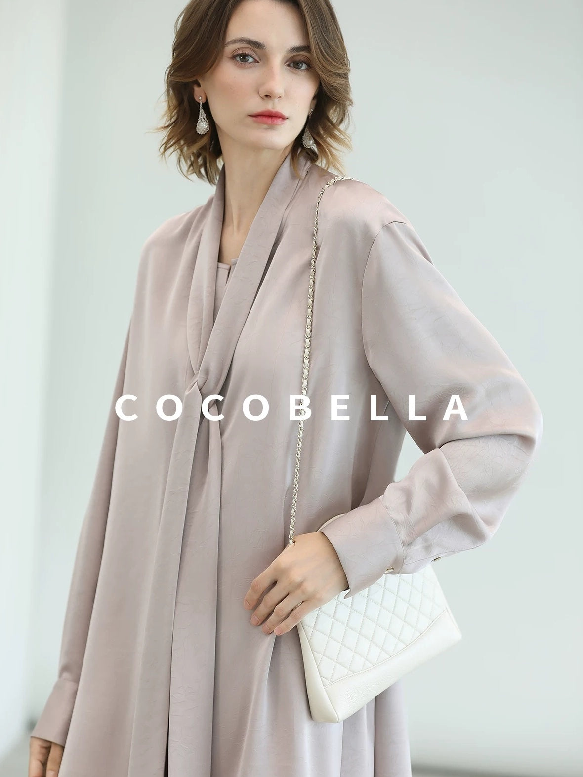 COCOBELLA Elegant Button Tie Neck Relaxed H Shape Long Sleeve Shirt City Commute Dresses