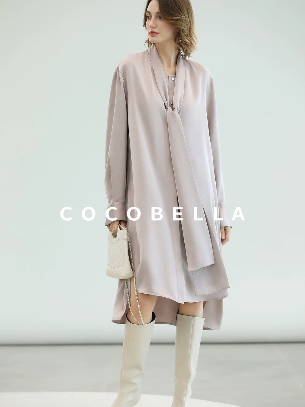 COCOBELLA Elegant Button Tie Neck Relaxed H Shape Long Sleeve Shirt City Commute Dresses