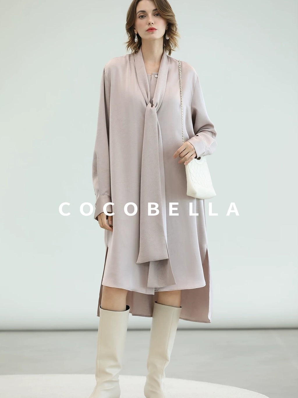 COCOBELLA Elegant Button Tie Neck Relaxed H Shape Long Sleeve Shirt City Commute Dresses