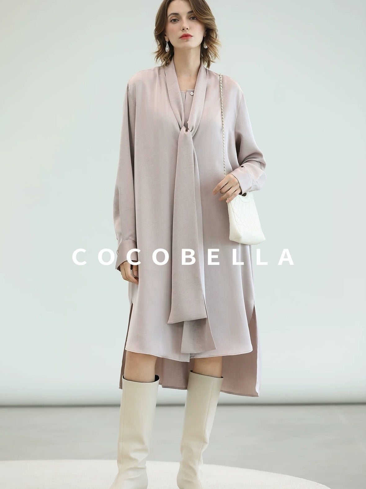 COCOBELLA Elegant Button Tie Neck Relaxed H Shape Long Sleeve Shirt City Commute Dresses