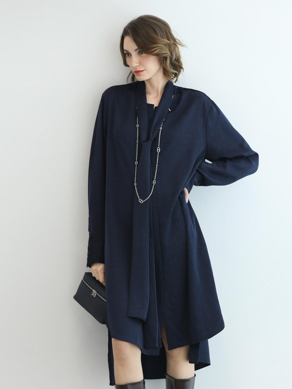 COCOBELLA Elegant Button Tie Neck Relaxed H Shape Long Sleeve Shirt City Commute Dresses